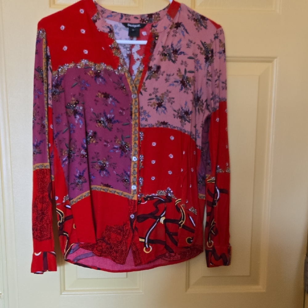 Desigual Red and Pink Long Sleeve Asymmetrical Blouse
